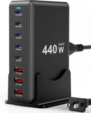 440W Fast Charging 8 Port USB C Charger Block, Multi-Device USB Charging Station Wall Desktop Charger with GaN Ⅲ Technology, USB-C Charger Adapter for MacBook/iPad/iPhone 16/Samsung Galaxy/DELL/HP