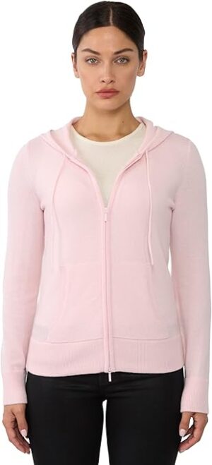 JENNIE LIU Women’s 100% Pure Cashmere Long Sleeve Zip Hoodie Cardigan Sweater