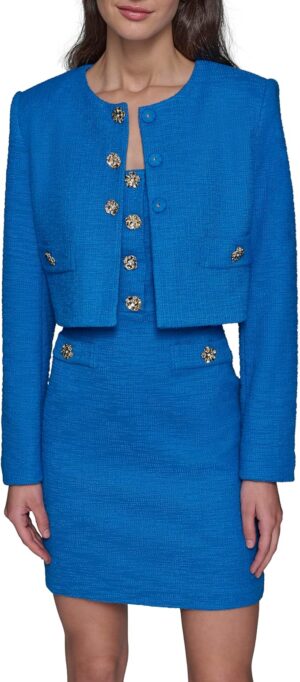 KARL LAGERFELD Womens Tweed Solid Scoop Neck Cropped Knit Blazer