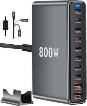 800W USB C Fast Charger Block, 10 Port USB Charging Station, GaN Ⅲ Pro Dual 140W PD PPS Port for Multiple Devices,Laptop Wall Charger Compatible with DELL,…