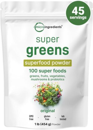 Micro Ingredients Super Greens Powder, 1lb | 100 Superfood Blend with Daily Greens, Fruits, Vegetables, Mushrooms & Probiotics | Source of Vegan Protein…