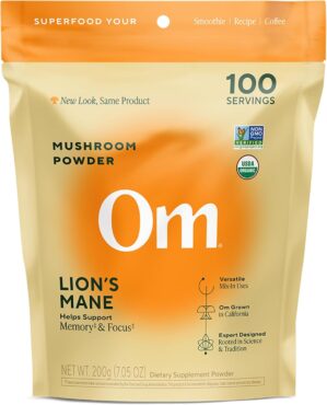 Om Lion’s Mane Mushroom Powder – Organic Mushroom Supplement and Nootropic – Support Memory, Focus and Nerve Health, 7.05 oz (100 Servings)​