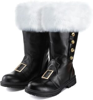 Liitrsh Christmas Santa Claus Boots Men’s Wide Calf Santa Combat Boots with White Plush Cuffs Foot Bells Buckle Strap for Halloween Christmas Costume
