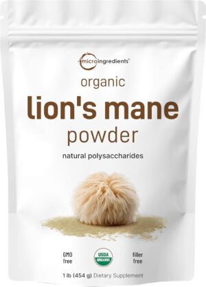 Micro Ingredients Organic Lion’s Mane Mushroom Powder, 16oz | Pure Fruiting Body Superfood | Supports Brain, Focus, Energy & Immune Health | Great for…