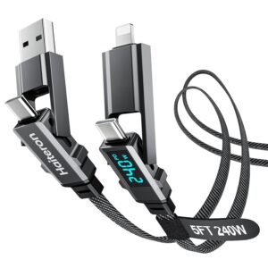 Haiteron 4 in 1 Charging Cable 5FT,240W USB C to USB C Cable Fast Charging Flat Braided iPhone Charger Cord Combo USB A/C to C/L with LED Display, Type C…
