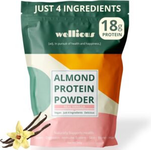 wellious Almond Protein Powder (Vanilla) – 18 Grams of Pure Healthiest Vegan Protein for Women & Men – Perfect Gluten-Free, Soy-Free & Smooth Gut…