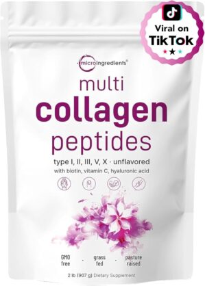 Micro Ingredients Multi Collagen Peptides Powder, 2 Pounds | Full Spectrum Type I, II, III, V, X + Biotin, Hyaluronic Acid, & Vitamin C | Unflavored |…