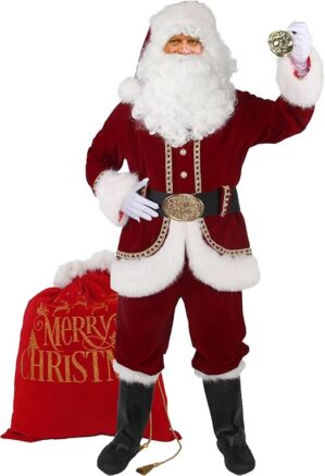 Santa Claus Costume for Men Santa Suit Adults 11pcs Mens Deluxe Professional Christmas Clause Outfit Xmas Suits Set