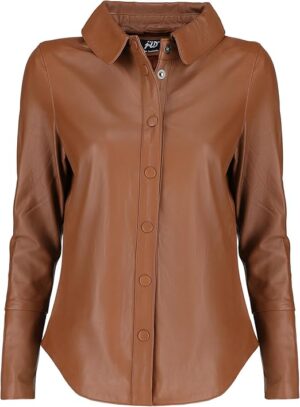 Jild Casual Shirt Leather Jacket Women – Long Sleeve Snap Button Down Soft Lambskin Leather Shacket Regular and Plus Size
