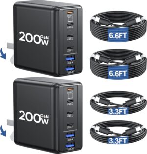 2 Pack 200W USB C Charger with 4 USB Cables, 6-Port Wall Charger, Laptop Fast Charger Type C Charging Block for MacBook Pro, Dell XPS, iPhone 17, iPad,…